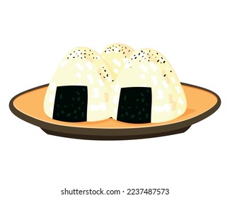 Vector set of japanese onigiri on ceramic plate. Traditional japanese cuisine