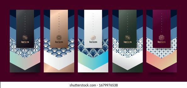 Vector set of Japanese packaging templates for natural luxury premium products. Logo design with trendy linear style.voucher, flyer, brochure.Menu book cover japan style vector illustration.