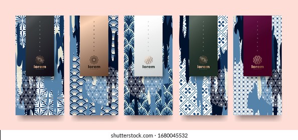 Vector set of Japanese packaging templates for natural luxury premium products. Logo design with trendy linear style.voucher, flyer, brochure.Menu book cover japan style vector illustration.