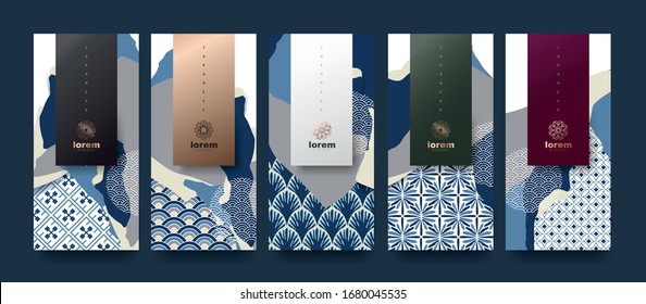 Vector set of Japanese packaging templates for natural luxury premium products. Logo design with trendy linear style.voucher, flyer, brochure.Menu book cover japan style vector illustration.