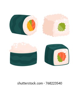 Vector set of japanese seafood sushi rolls isolated on white. Traditional fresh raw food. Sushi roll with salmon, cucumber, avocado used for magazine, kitchen textile, menu cover, web pages.