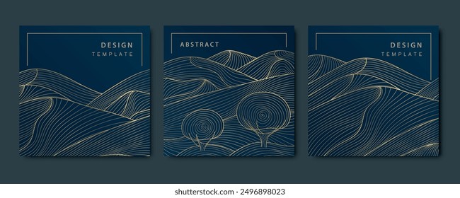 Vector set of japanese style gold line landscapes with mountains and trees. Luxury abstract nature posters, cards, tags. Traditional vintage illustrations.