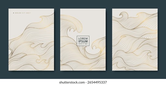 Vector set of Japanese style line golden water waves, sea, ocean luxury background. Graphic art design, oriental pattern, fancy cards, posters, covers