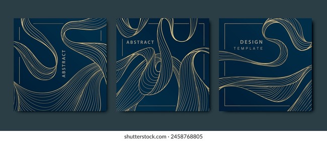 Vector set japanese style wave patterns, sea, organic line textures, line graphic illustrations, Square cards, flow backgrounds, golden on dark. 