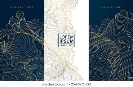 Vector set of japanese style wave line graphic, oriental water, sea background, ocean, river templates. Hand drawn art illustrations, banners