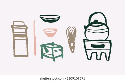 Vector preparado para la ceremonia del té japonés. Al estilo oriental. Platos de colores. Tetera, taza, matcha. Caligrafía, tinta, pincel, dibujo a mano, dibujo, doodle. Eps10