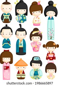 A Vector Set of Japanese Traditional Cute Kokeshi Dolls