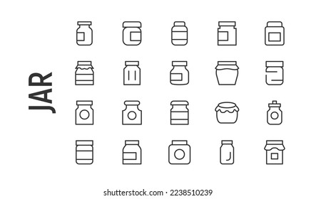 Vector set of jar thin line icons. Design of 20 stroke pictograms. Signs of jar isolated on a white background.