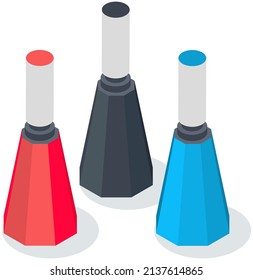 Vector set of jars with nail polish. Flat image of multi-colored bottles of varnish standing in row isolated on white. Colored containers with contents. stand and screw cap, film studio equipment