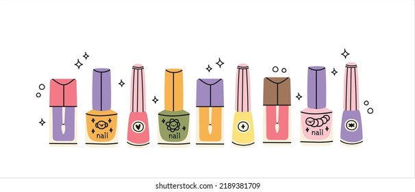 Vector set of jars with nail polish. Flat image of multi-colored bottles of varnish standing in a row. Cute hand illustration for icon, stamp, label, sticker, badge, gift card, certificate or flayer 