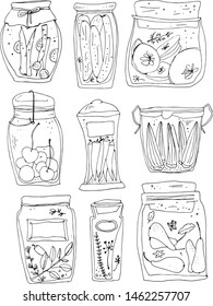 Vector set jars for seaming, magic in the kitchen, line art hand-drawn. Billets for winter, autumn joys. Jam. Kitchen Decor