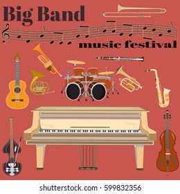 Vector Set Of Jazz Band Musical Instruments. Big Band Music Festival Template. Grand Piano, Drum Kit, Guitar, Clarinet, Sax, French Horn, Trumpet, Trombone And Double Bass, Treble Clef In Flat Style