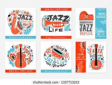 Vector set of  Jazz festival poster templates. Saxophone, double bass, piano, trumpet, bass drum and banjo. Perfect for music events, jazz concerts.