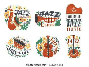 Vector set of  Jazz festival poster templates. Saxophone, double bass, piano, trumpet, bass drum and banjo. Perfect for music events, jazz concerts.