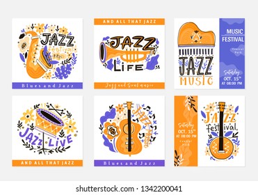 Vector set of  Jazz festival poster templates. Saxophone, double bass, piano, trumpet, bass drum and banjo. Perfect for music events, jazz concerts.