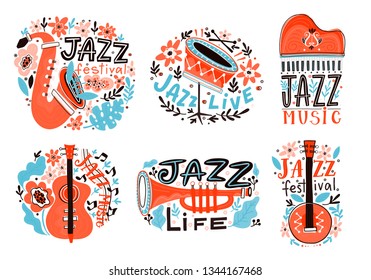 Vector set of  Jazz festival poster templates. Saxophone, double bass, piano, trumpet, bass drum and banjo. Perfect for music events, jazz concerts.