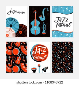 Vector set of Jazz festival posters, flyers, banners, greeting cards template. Saxophone, double bass, piano, trumpet, bass drum and snare drum. Perfect for music events, jazz concerts.