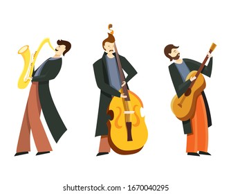 Vector set of jazz musicians. Double bass player, saxophonist and guitar player in flat style isolated on white background.