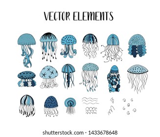 Vector set of jellyfish style drawn by hand