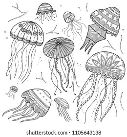 Vector set of jellyfishes in ethnic boho style with zen doodle and tangle elements. Can be used as coloring page, template, etc.