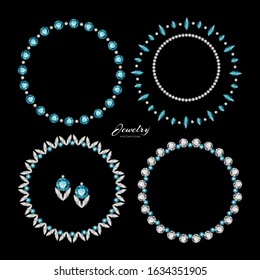 Vector set of jewellery bangles and earrings with gem stones, diamond jewelry collection on black background, ornamental round frames, top view of elegant womens decoration in boho style