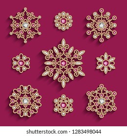 Vector set of jewellery gold brooches decorated with diamonds and ruby gemstones, vintage round mandala patterns, filigree jewelry pendants, eps10