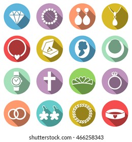 Vector Set of Jewelry Icons. Flat style icons in circles with long shadows.
