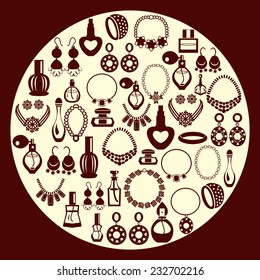 Vector set of Jewelry and  perfume Icons silhouette-illustration. Women accessories 