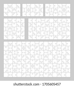 Vector set of jigsaw puzzle. Puzzle pieces grid with different types of details isolated on white background. Mind puzzles piece and business presentation frame. 12,15,18,20,50,120 pieces, mosaics