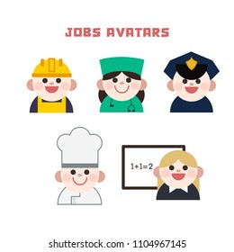 Vector set of jobs: builder, doctor, police, teacher, chef avatar. Illustration of cute occupation.