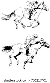 Vector Set Of Jockey Galloping On A Horse Drawn Ink On White Background Logo Tattoo