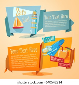Vector set of jolly summer banners. With yacht, lighthouse, mask and flippers, coconut.
