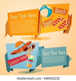 Vector set of jolly summer banners. With ball, flip flops, hat and cocktail.