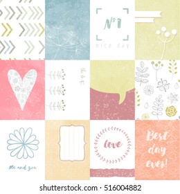 Vector set of journaling cards for scrapbook and design, with floral pattern, doodle, heart, stripes and tags.