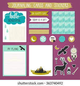 Vector set of journaling cards, stickers, labels and seamless pattern. Stylish notebook pages.