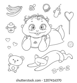 Vector set joyful child and sleeping kitten. Baby bottle with water or milk, other food, hearts and sweets. Flat chubby funny curly kid with big eyes and cat black color sketch contour illustration