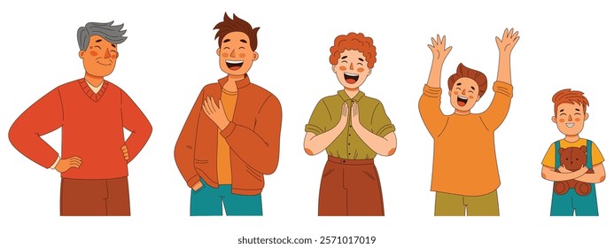 Vector set of joyful, excited, and smiling men of various ages, from preschooler to senior