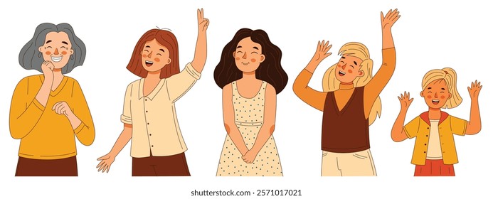 Vector set of joyful, excited, and smiling women and girls of various ages, from preschooler to senior