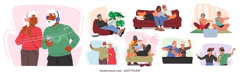 Vector Set of Joyful Senior Characters Embrace Modern Technology, Adeptly Navigating Smart Devices With Smiles. Oldies Showcasing, Enthusiasm, Digital Prowess And Contentment In The Digital Age