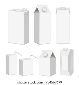 Vector set of juice cartons. White blank juice paper package realistic templates, mockups isolated on white background.