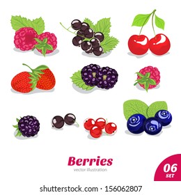 vector set of juicy berries, strawberries, raspberries, blackberries, currants, cherries