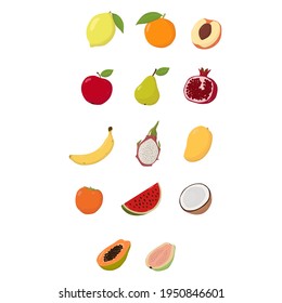 Vector set of juicy exotic fruits  in cartoon style. Healthy lifestyle, vegetarian, flat illustration