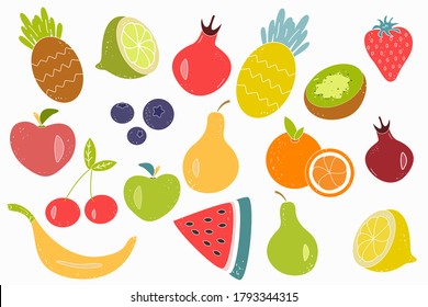 Vector set of juicy fruits and berries on a white background. Healthy natural food, a source of vitamins.