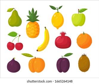 Vector set of juicy fruits in cartoon style . Healthy lifestyle, vegetarianism