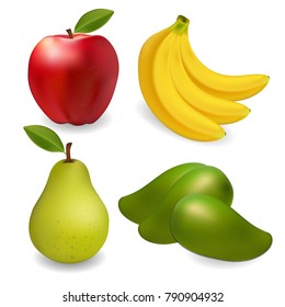 Vector set of juicy fruits. Red apple, banana, pear and green mango.