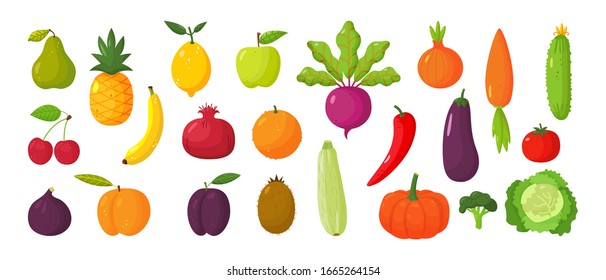 Vector set of juicy fruits and vegetables in cartoon style . Healthy lifestyle, vegetarianism