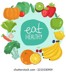 Vector set of juicy fruits and vegetables in cartoon style . Healthy lifestyle, vegetarianism.