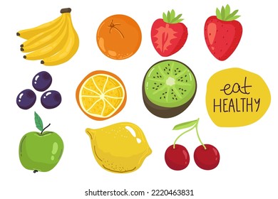 Vector set of juicy fruits and vegetables in cartoon style . Healthy lifestyle, vegetarianism,