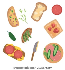 Vector set of juicy sandwiches with different ingredients. 
