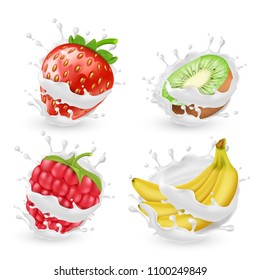 Vector set of juicy summer fruits and berries in milk or cream splashes, isolated on background. Natural organic food, banana, kiwi, strawberry and raspberry with yogurt. Clipart for package design